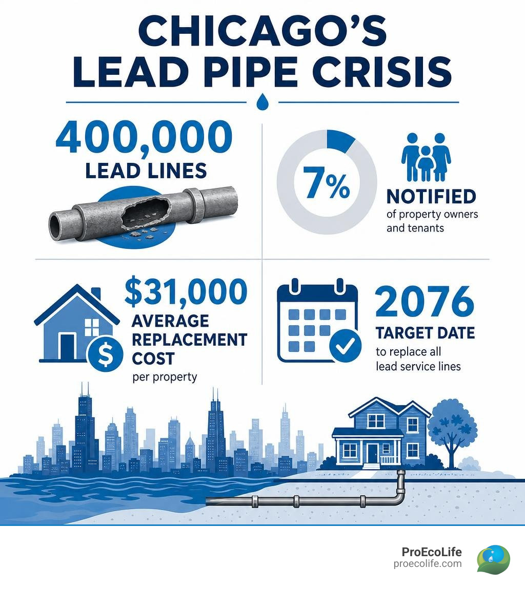 Chicago lead pipe crisis infographic: 400,000 lead lines, 7% notified, $31,000 average replacement cost, 2076 target date