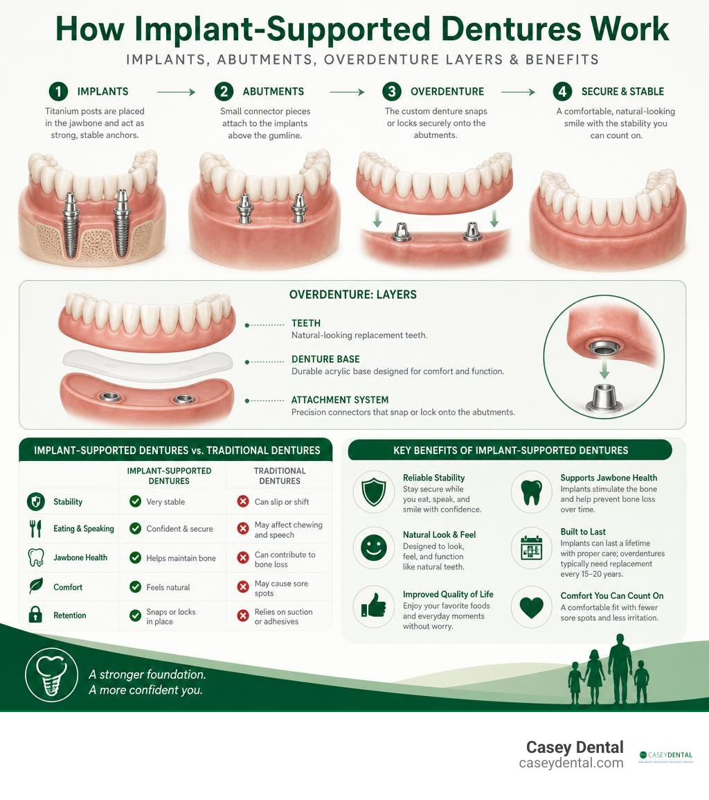 How implant-supported dentures work: implants, abutments, overdenture layers and benefits compared to traditional dentures