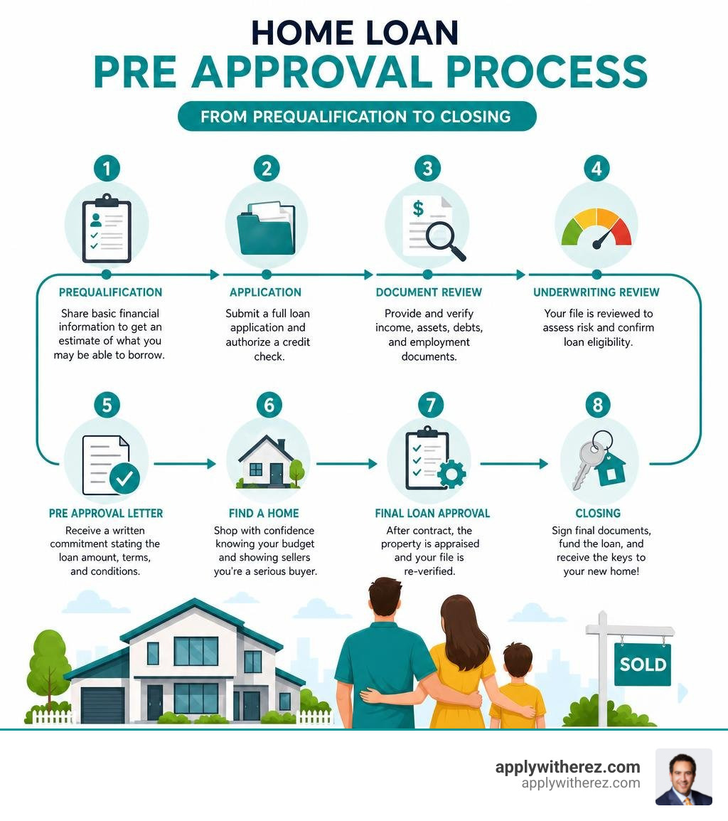 Home loan pre approval process infographic showing steps from prequalification to closing infographic Home loan pre approval process infographic showing steps from prequalification to closing infographic