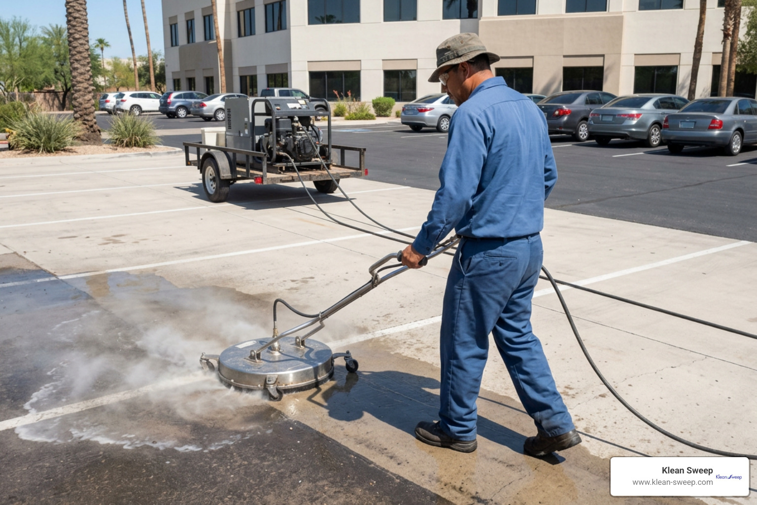 professional flat surface cleaner being used by a worker in a blue uniform on commercial concrete professional flat surface cleaner being used by a worker in a blue uniform on commercial concrete