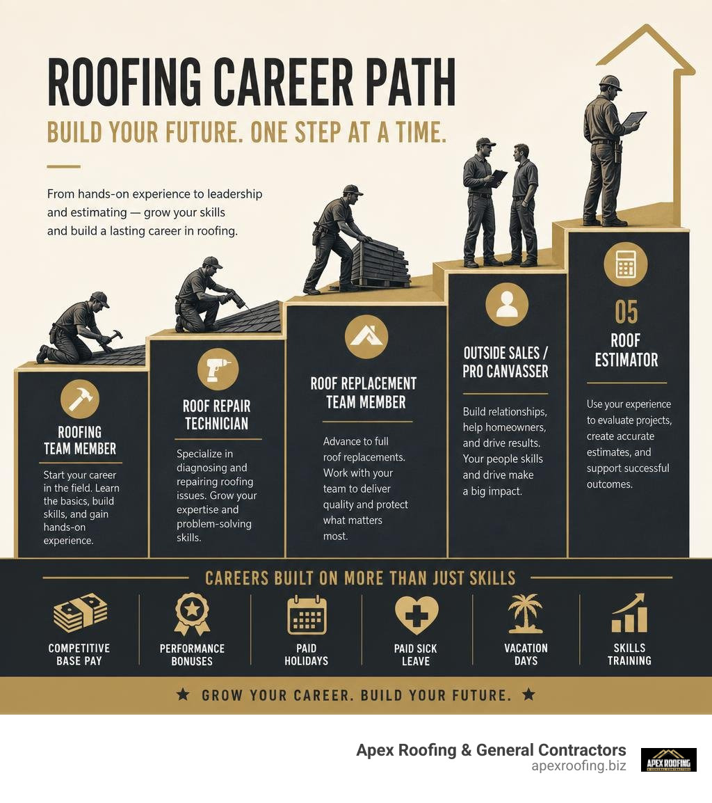 Career path infographic for roofing industry roles from entry-level to senior estimator infographic