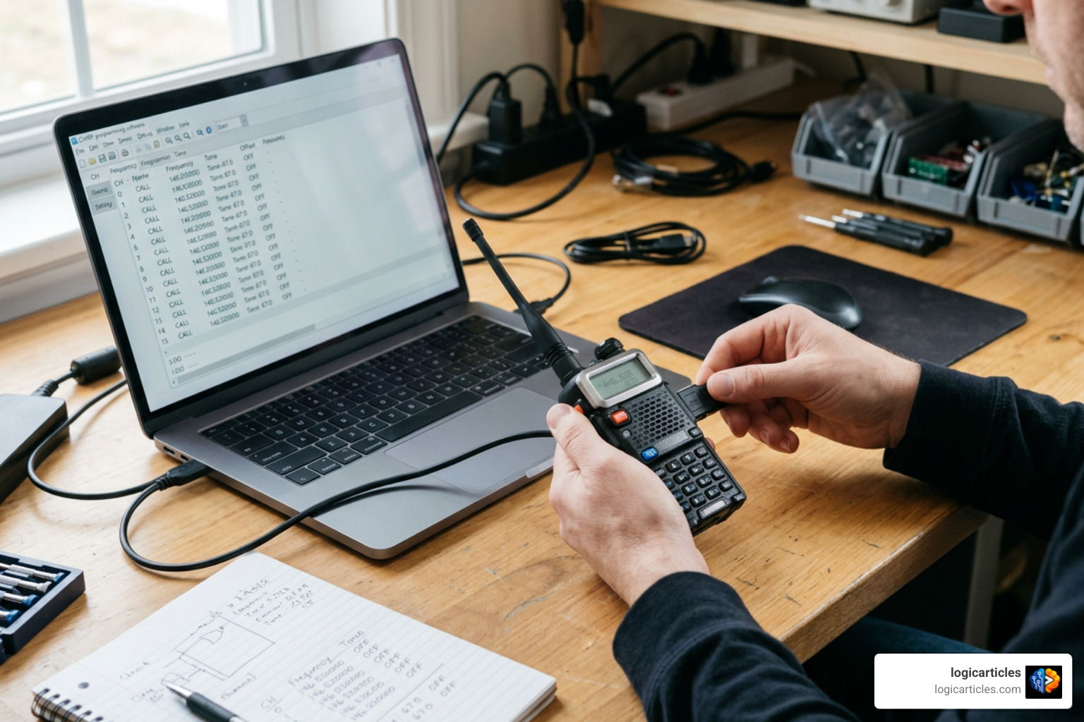 Connecting a handheld radio to a laptop using a USB programming cable Connecting a handheld radio to a laptop using a USB programming cable