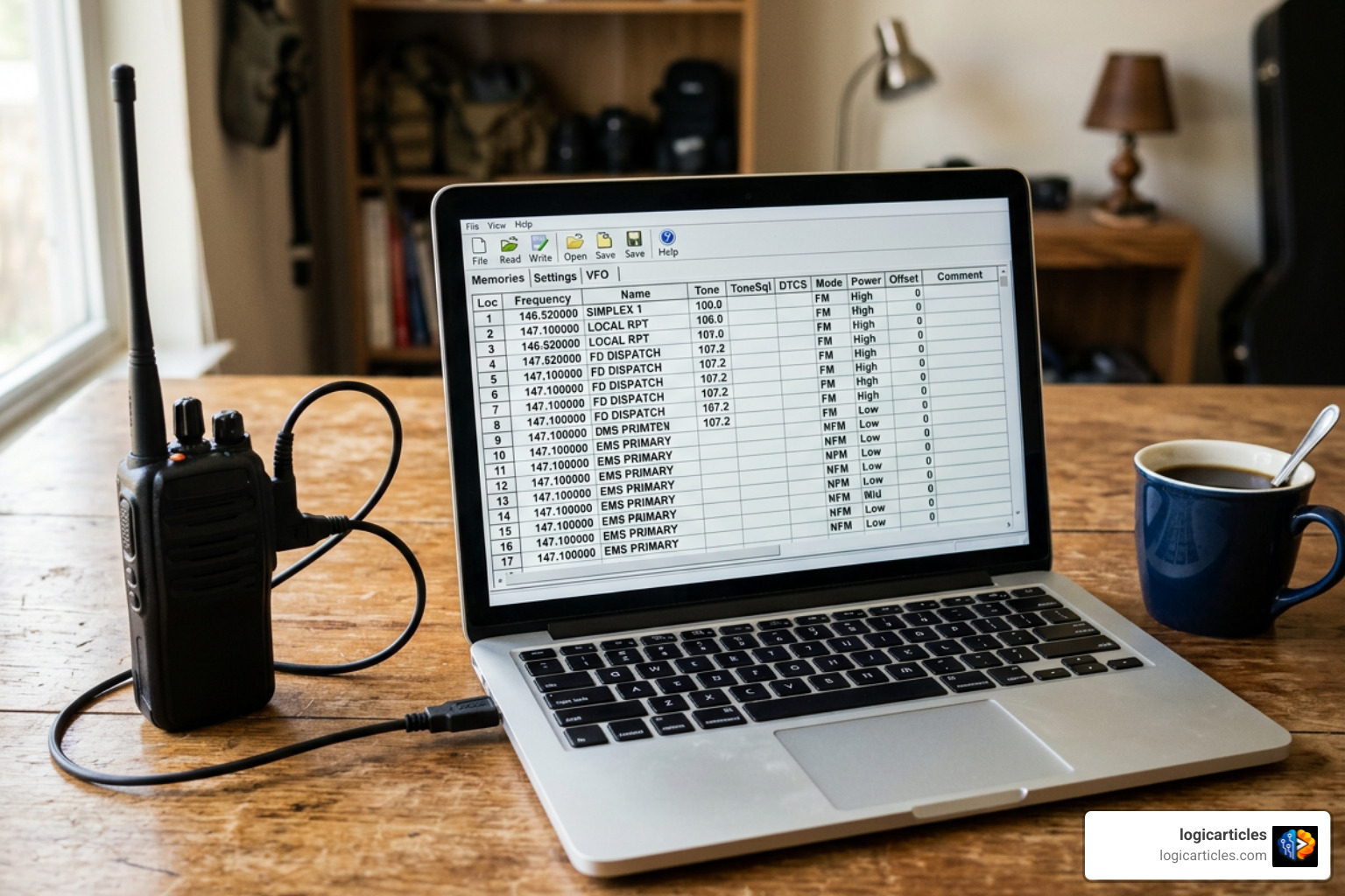 CHIRP spreadsheet editor interface displaying channel numbers, frequencies, names, and tones CHIRP spreadsheet editor interface displaying channel numbers, frequencies, names, and tones