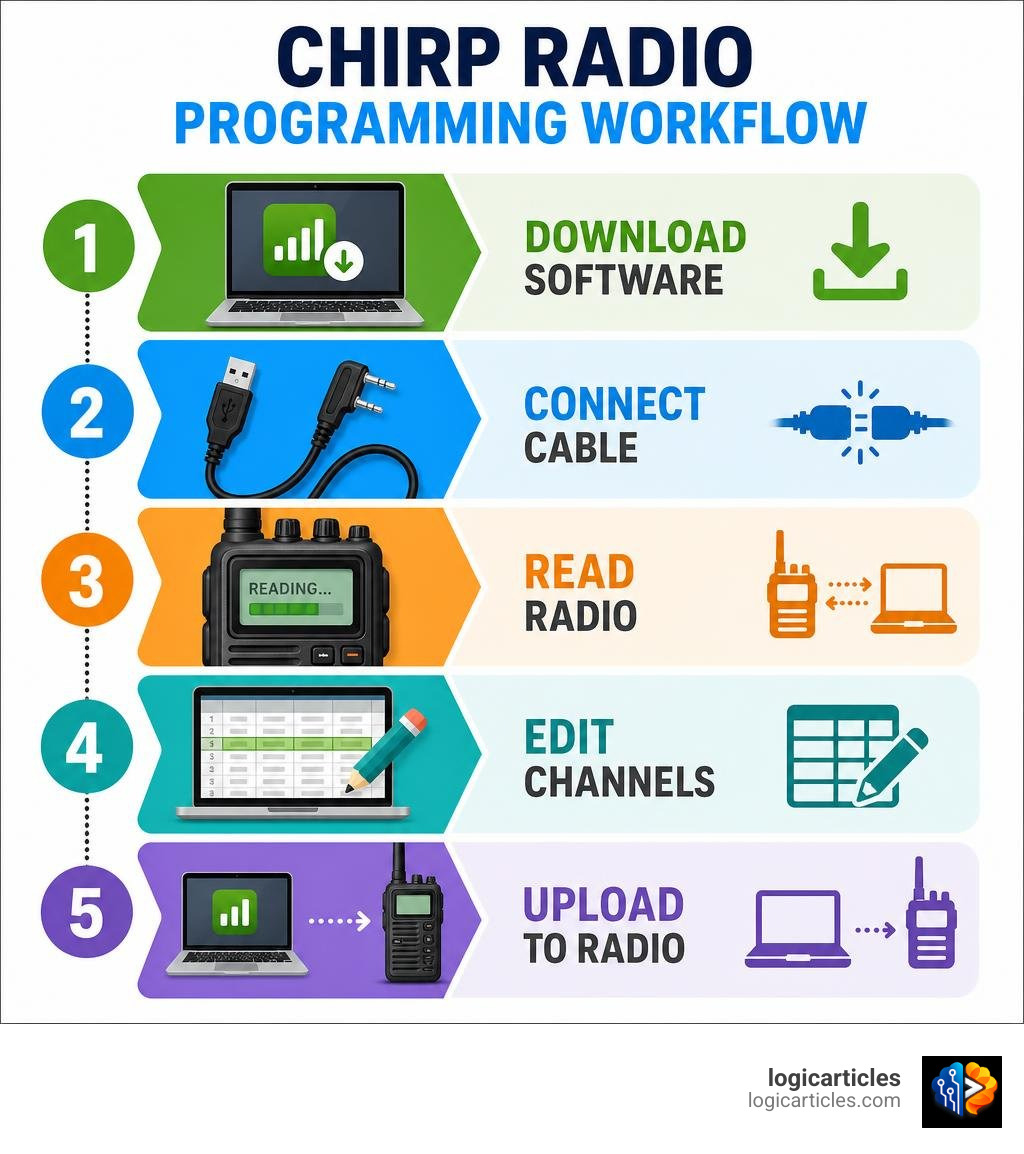 CHIRP radio programming workflow infographic: download software, connect cable, read radio, edit channels, upload to radio CHIRP radio programming workflow infographic: download software, connect cable, read radio, edit channels, upload to radio