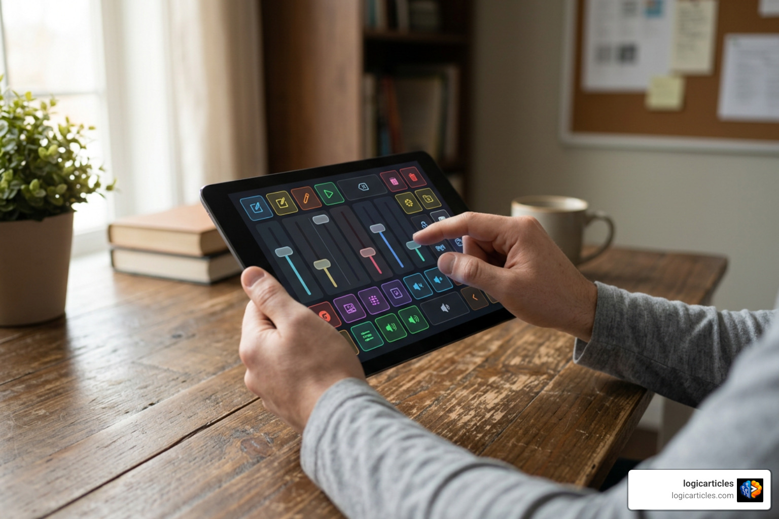 A tablet displaying a customized software macro pad with dynamic sliders and buttons A tablet displaying a customized software macro pad with dynamic sliders and buttons