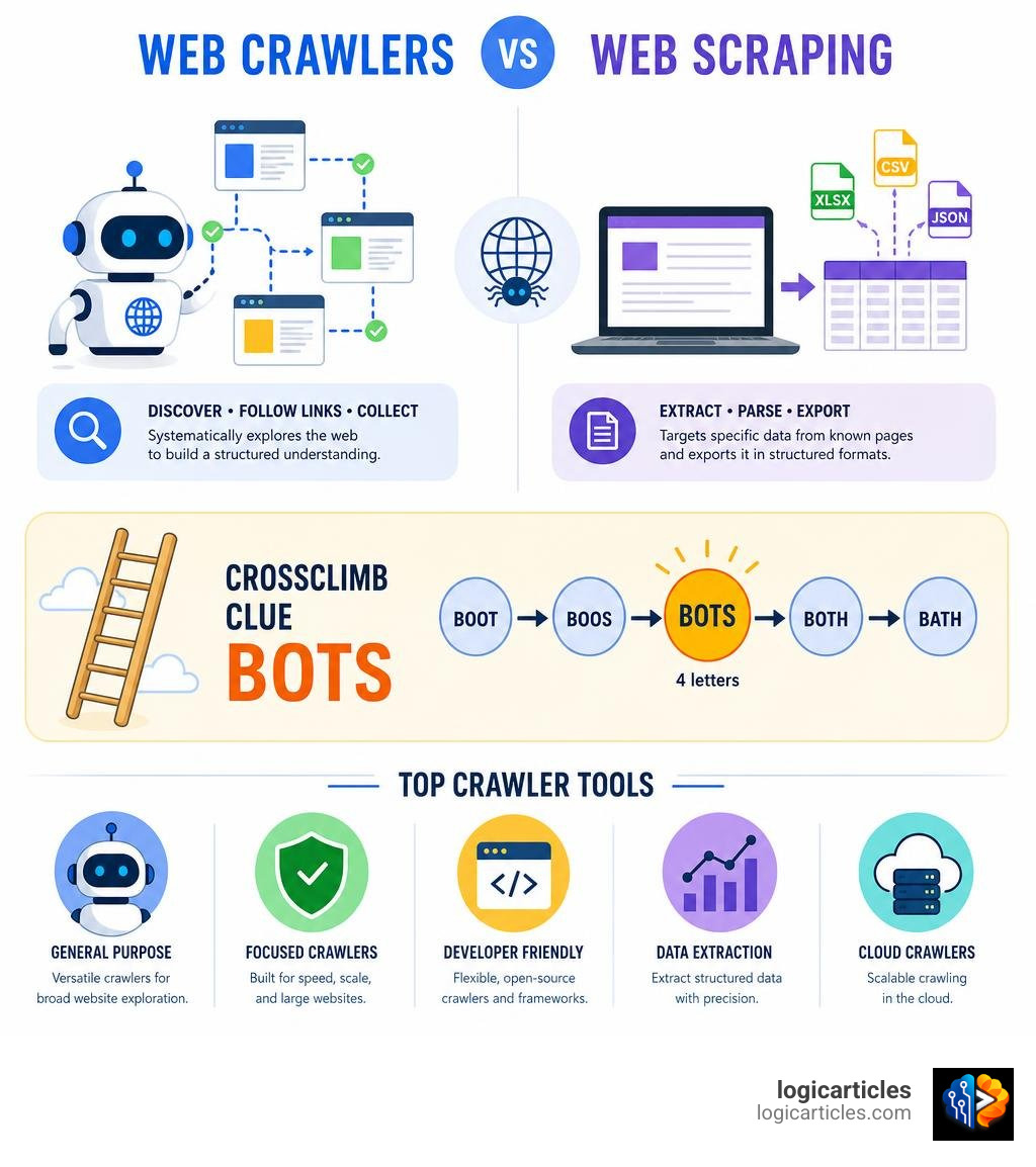 Infographic showing web crawlers vs web scraping, Crossclimb clue BOTS, and top crawler tools infographic Infographic showing web crawlers vs web scraping, Crossclimb clue BOTS, and top crawler tools infographic