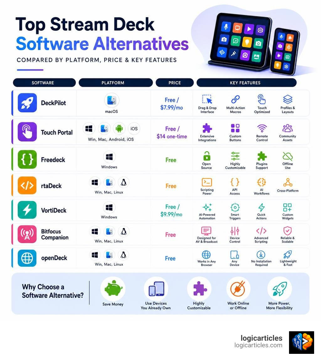 Top stream deck software alternatives compared by platform, price, and key features infographic Top stream deck software alternatives compared by platform, price, and key features infographic