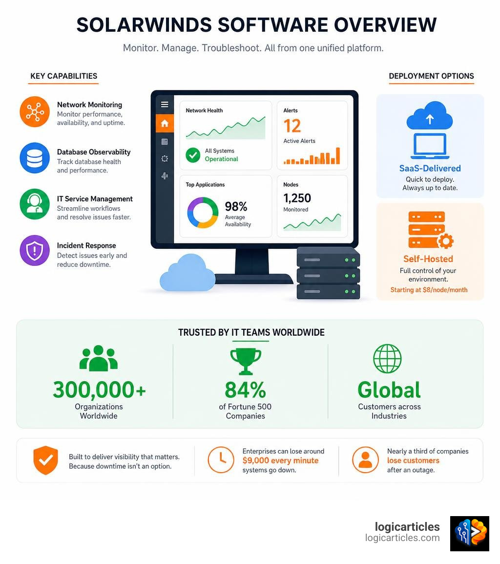 SolarWinds software overview: key capabilities, deployment options, and customer stats infographic infographic SolarWinds software overview: key capabilities, deployment options, and customer stats infographic infographic