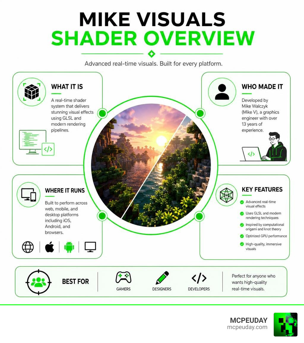 Mike Visuals Shader overview infographic: what it is, who made it, platforms, key features infographic
