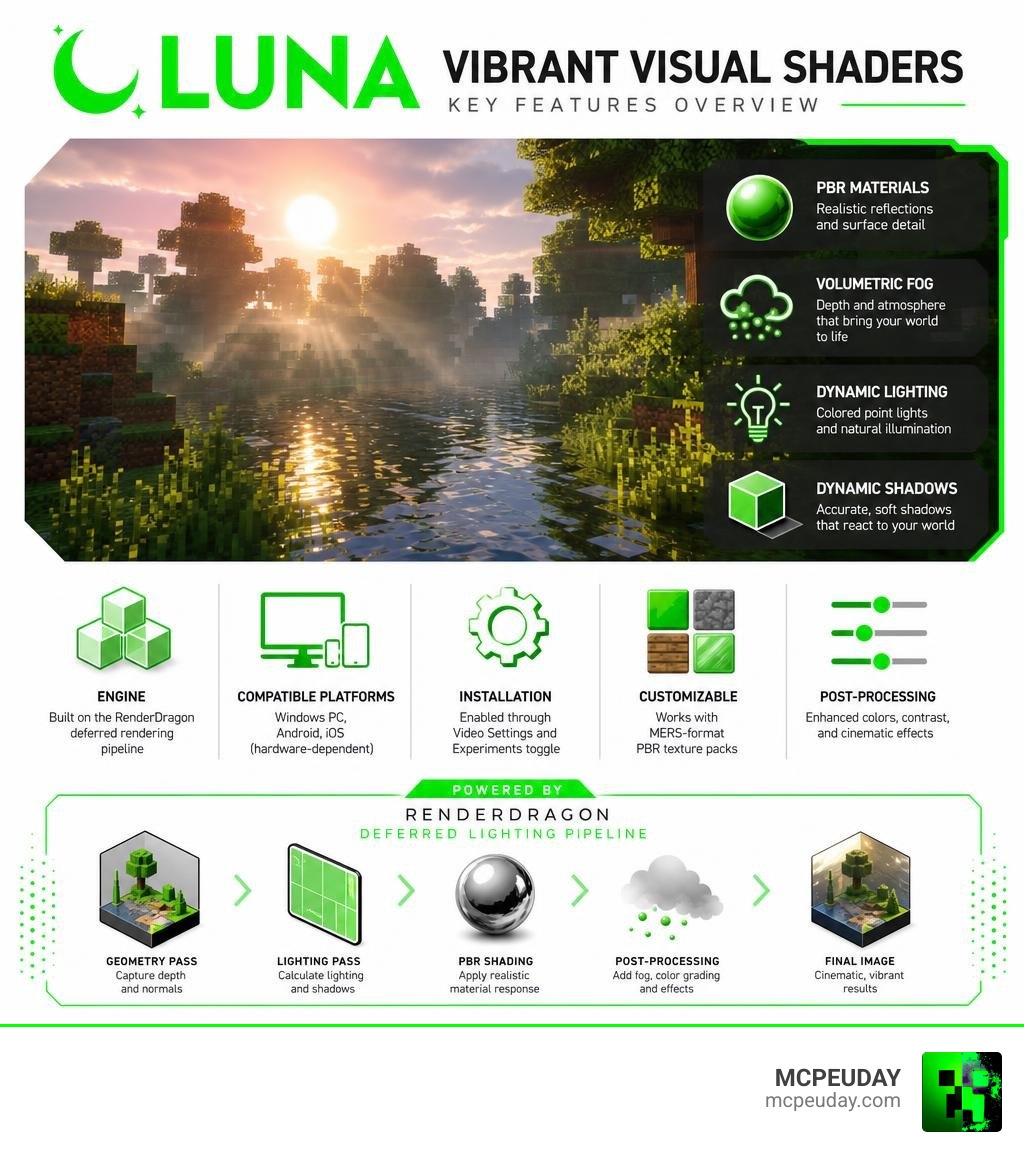 Luna Vibrant Visual Shaders key features overview infographic RenderDragon PBR fog lighting infographic