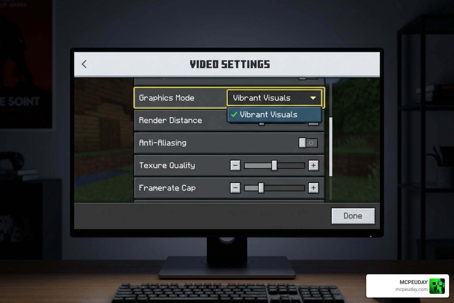 Minecraft Bedrock video settings menu showing Graphics Mode selection Minecraft Bedrock video settings menu showing Graphics Mode selection