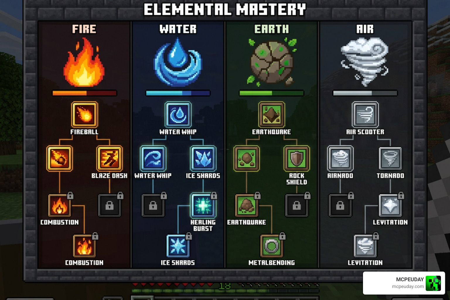 Avatar Addon skill tree UI showing the four categories of bending progression