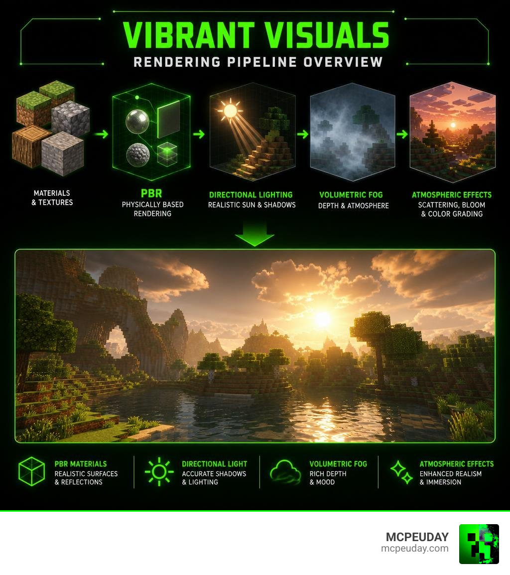 Vibrant Visuals rendering pipeline overview: PBR, volumetric fog, directional lighting, atmospheric effects infographic Vibrant Visuals rendering pipeline overview: PBR, volumetric fog, directional lighting, atmospheric effects infographic