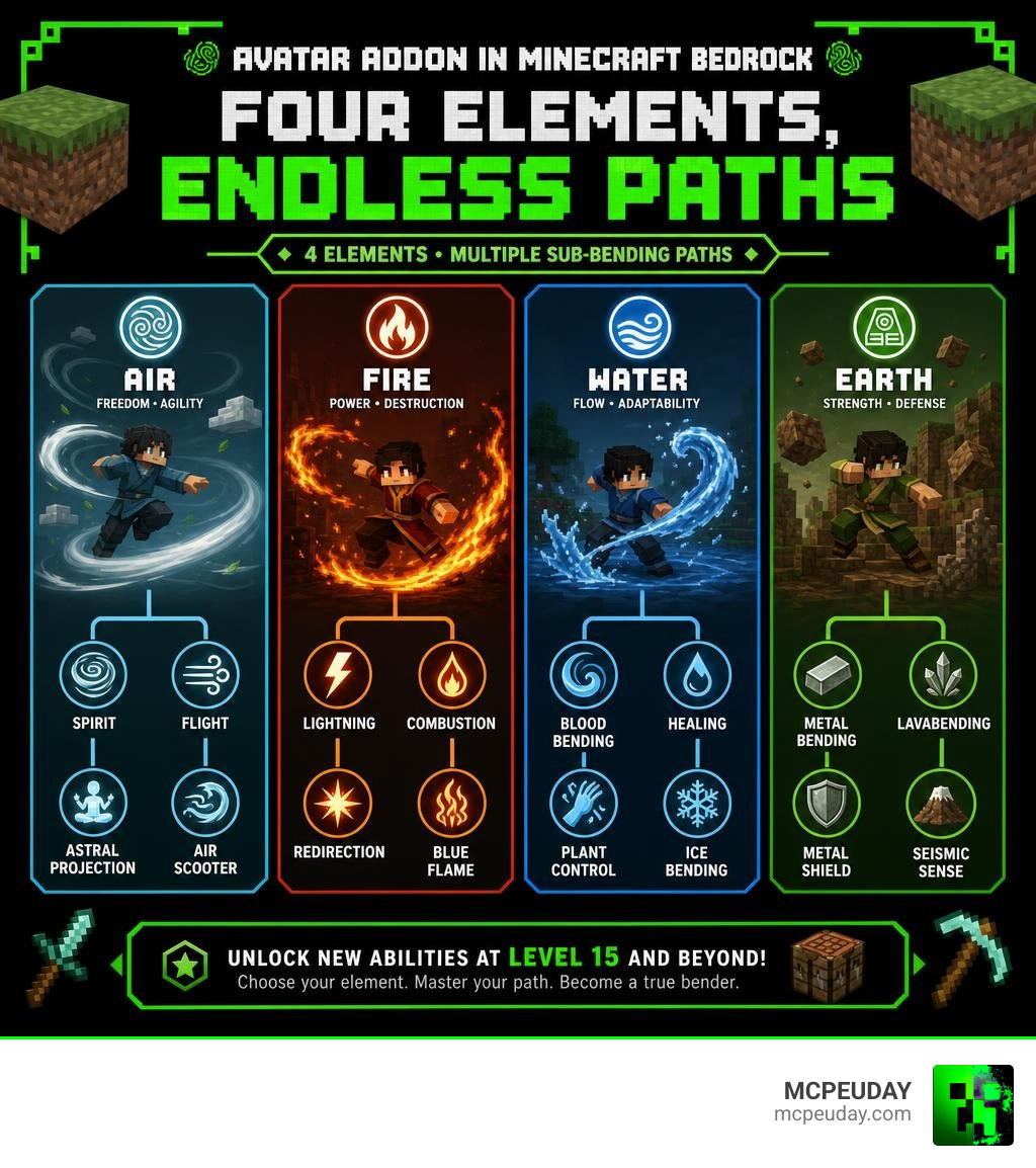 Infographic showing the four Avatar Addon bending elements and their sub-bending paths in Minecraft Bedrock infographic