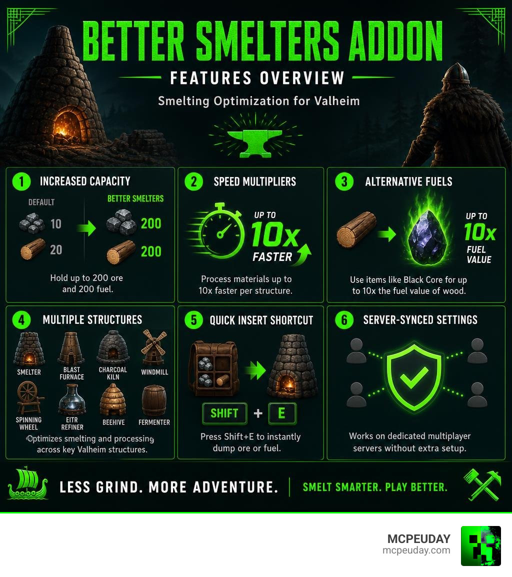 Better Smelters Addon features overview infographic for Valheim smelting optimization infographic Better Smelters Addon features overview infographic for Valheim smelting optimization infographic