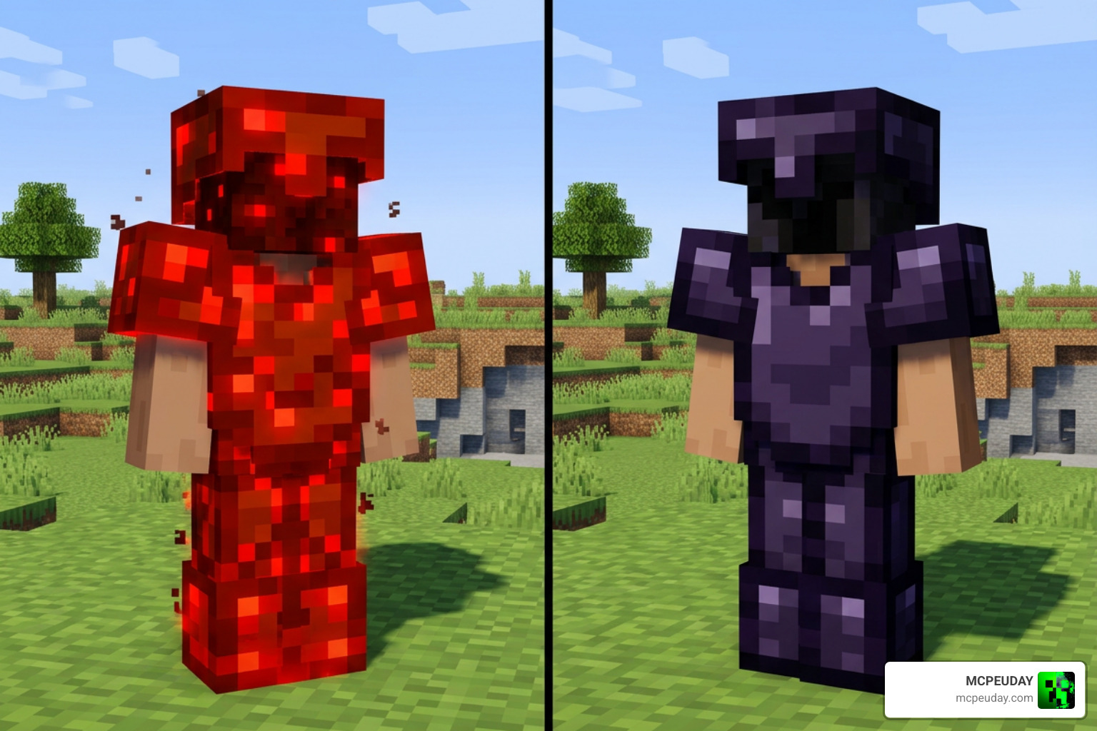 Comparison showing Java Edition's procedural generation versus Bedrock Edition's pre-configured models