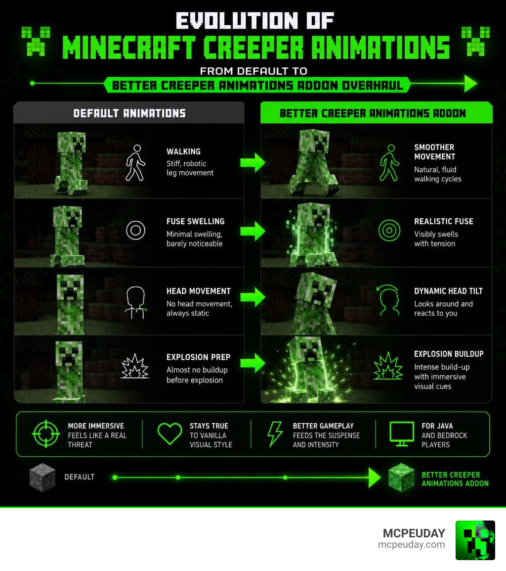 Evolution of Minecraft mob animations from default to Better Creeper Animations Addon overhaul infographic Evolution of Minecraft mob animations from default to Better Creeper Animations Addon overhaul infographic