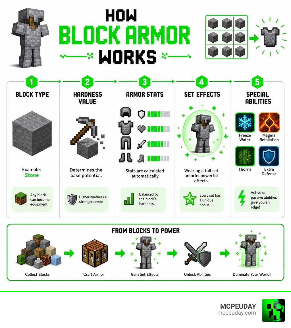 Infographic showing how Block Armor works: block type, hardness value, armor stats, set effects, and special abilities