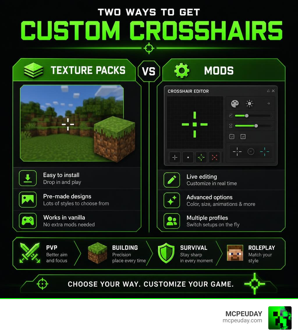 Infographic showing two methods for custom crosshairs texture pack: texture packs vs mods comparison infographic
