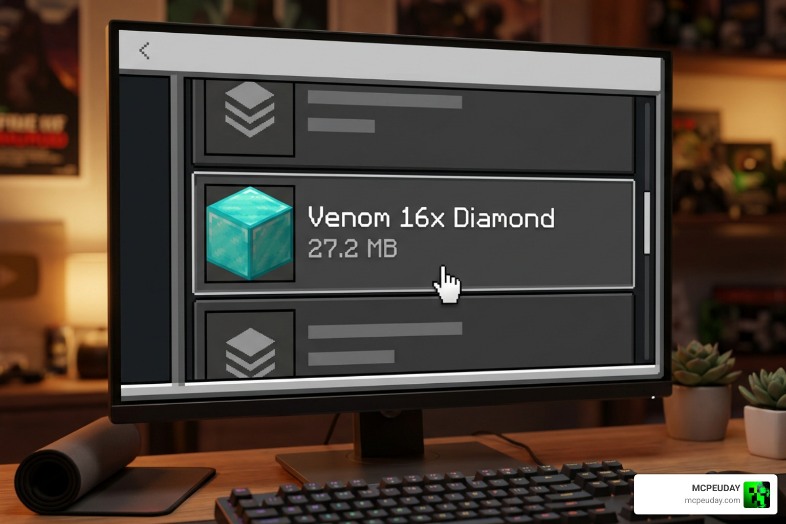Minecraft resource pack menu showing 27.2 MB Venom pack installation