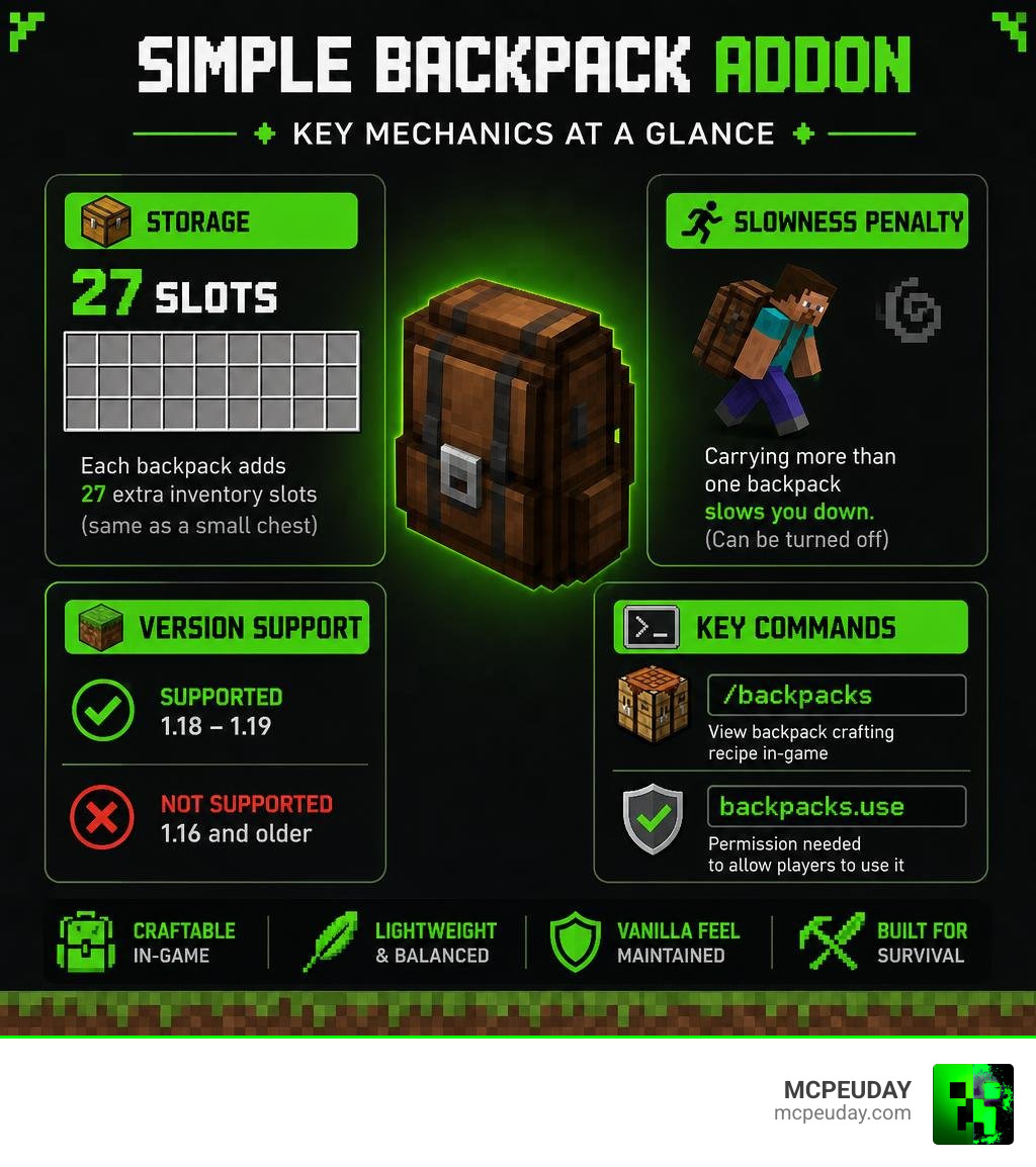 Simple Backpack ADDON mechanics infographic: 27 slots, slowness penalty, version support, and key commands infographic
