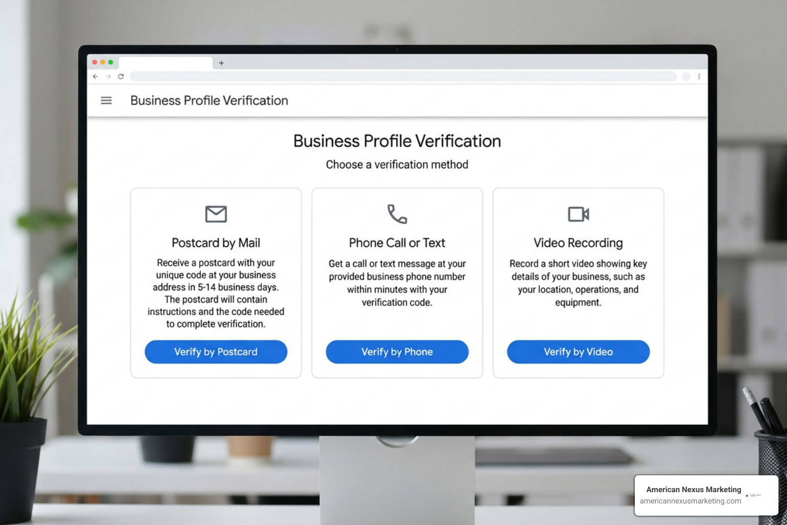 Google Business Profile verification dashboard showing postcard, phone, and video options