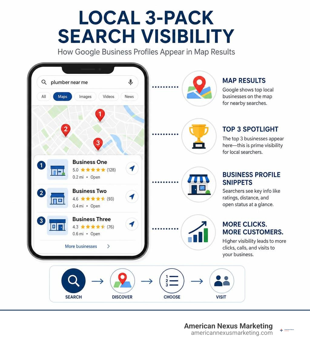 local 3-pack search visibility showing how Google Business Profiles appear in map results infographic