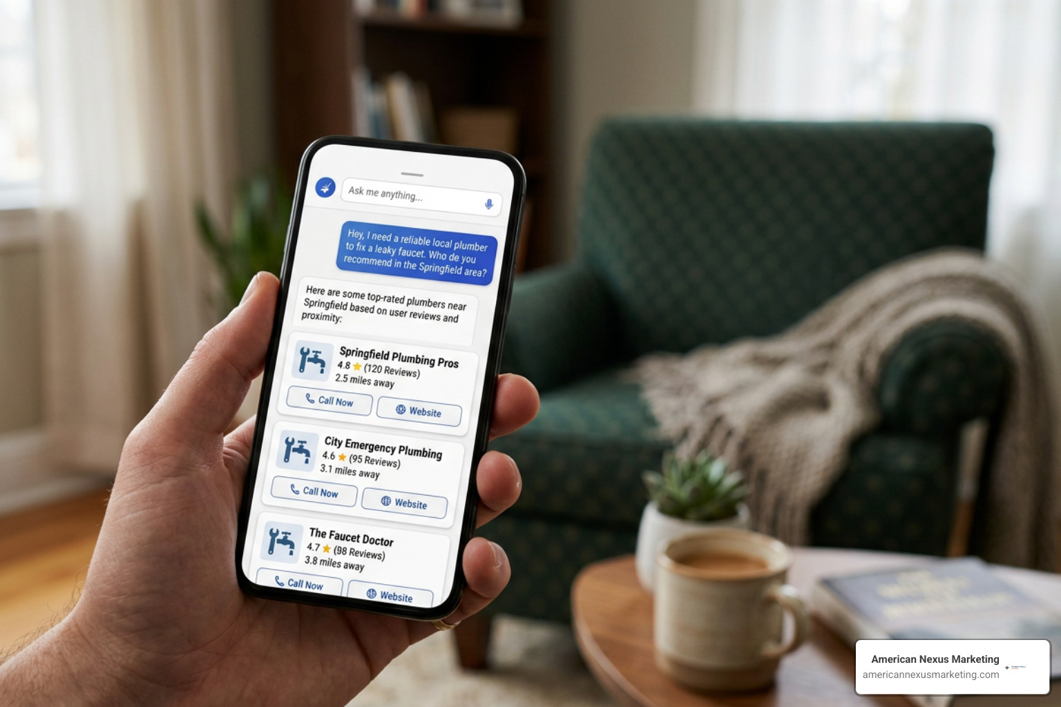 AI search engine interface recommending local businesses based on conversational prompts