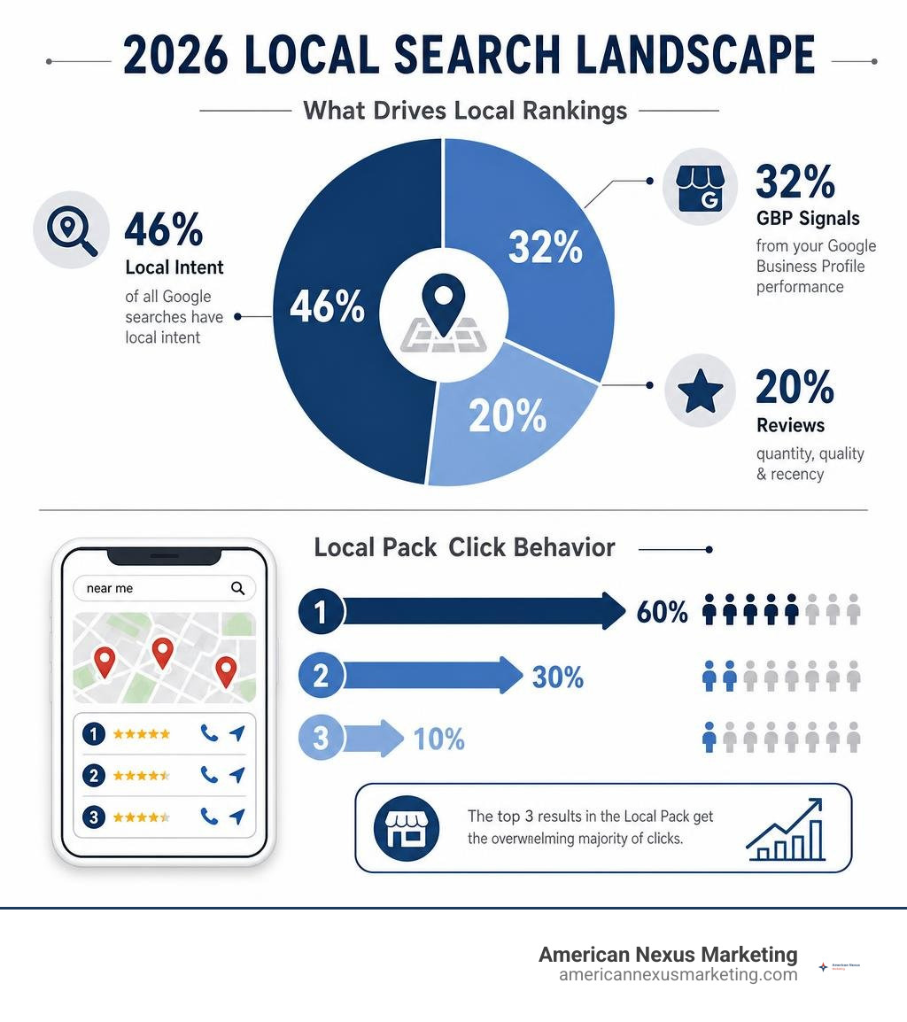 2026 local search landscape infographic: 46% local intent, 32% GBP signals, 20% reviews, Local Pack click behavior
