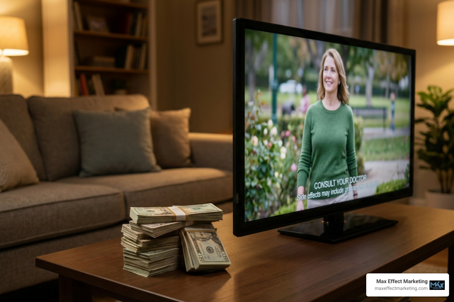 A stack of money next to a television screen representing massive ad spend A stack of money next to a television screen representing massive ad spend