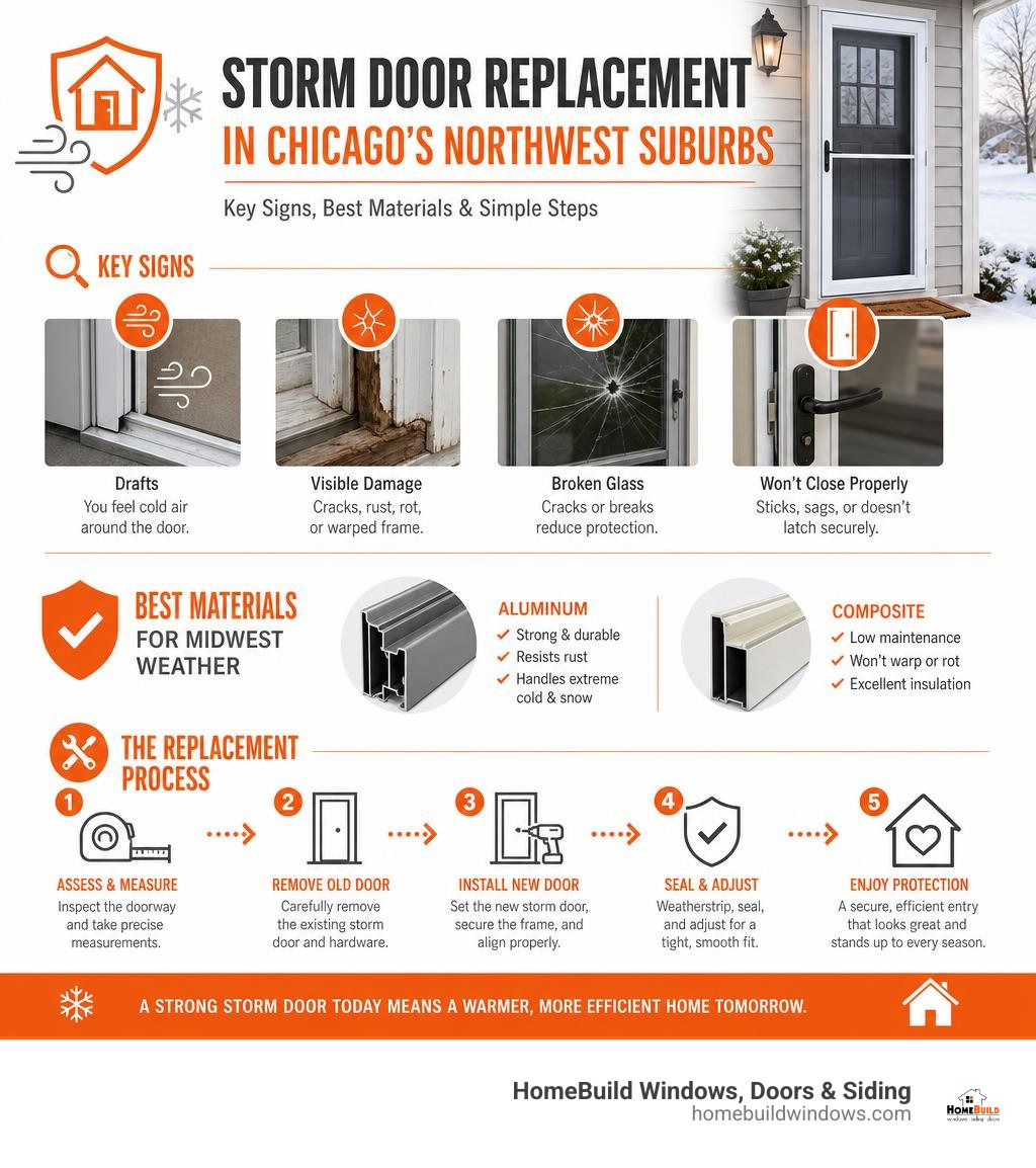 Key signs, materials, and steps for storm door replacement in Chicago's northwest suburbs infographic