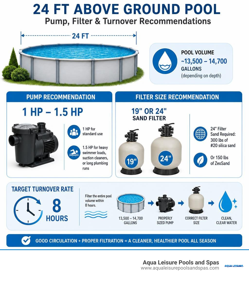 Infographic showing pool water turnover rate, pump HP, and filter size recommendations for a 24 ft above ground pool Infographic showing pool water turnover rate, pump HP, and filter size recommendations for a 24 ft above ground pool