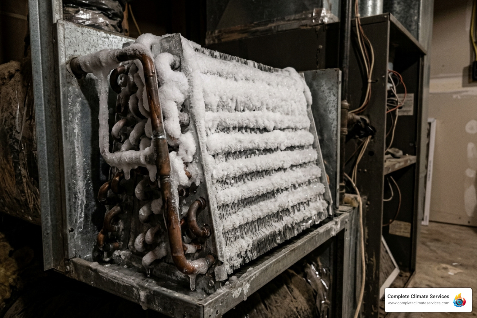 Frozen AC evaporator coil indicating a major HVAC emergency