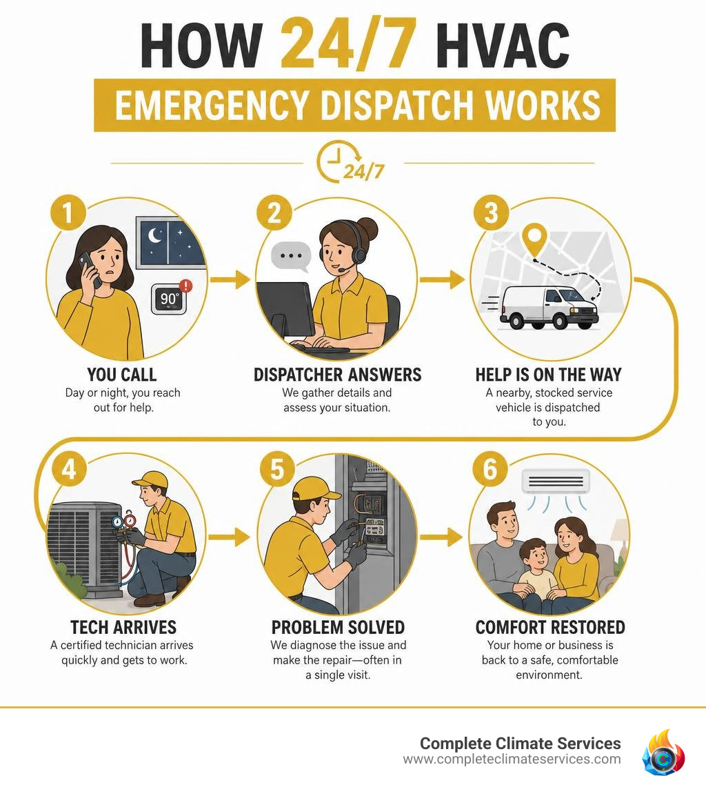 Infographic showing how 24/7 HVAC emergency dispatch works step by step infographic