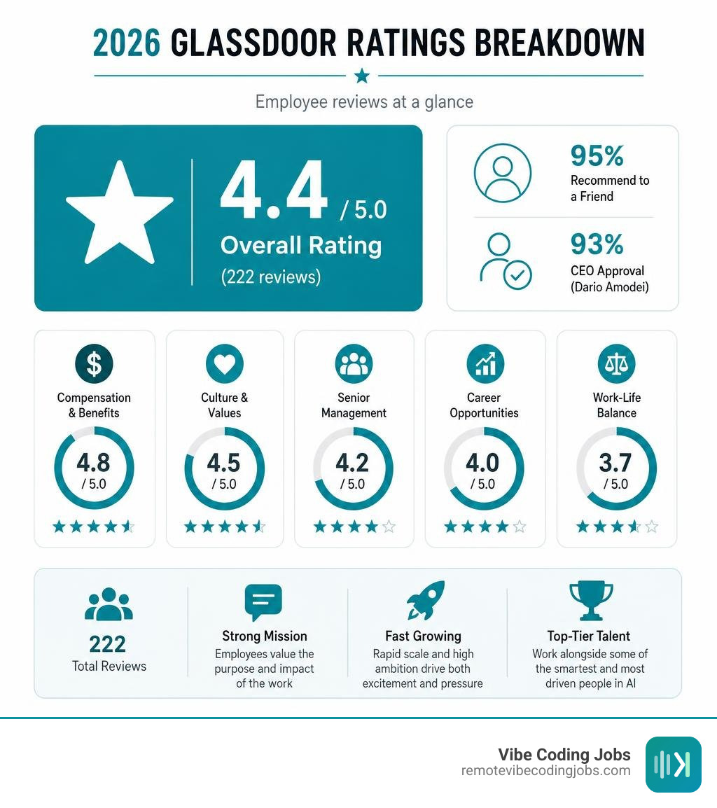Anthropic 2026 Glassdoor ratings breakdown infographic with sub-scores and key stats infographic