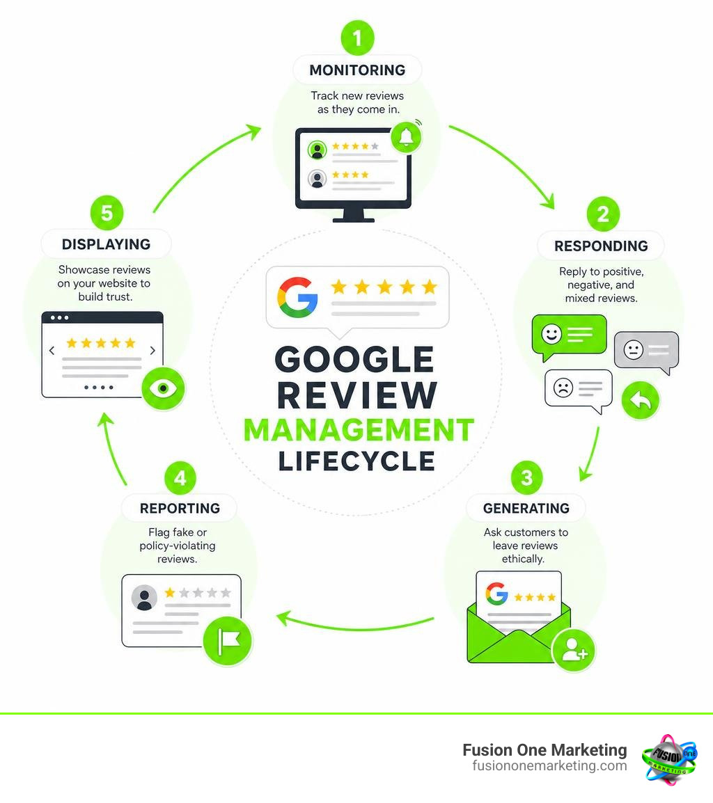 Google review management lifecycle infographic showing monitoring, responding, generating, reporting, and displaying reviews Google review management lifecycle infographic showing monitoring, responding, generating, reporting, and displaying reviews