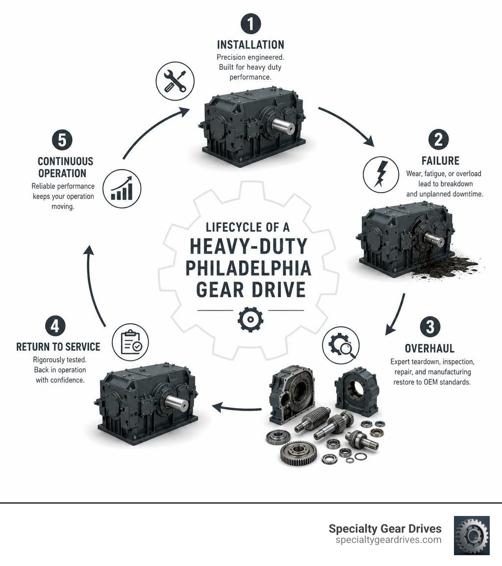 Lifecycle of a heavy-duty Philadelphia Gear drive from installation to failure to overhaul and return to service infographic Lifecycle of a heavy-duty Philadelphia Gear drive from installation to failure to overhaul and return to service infographic