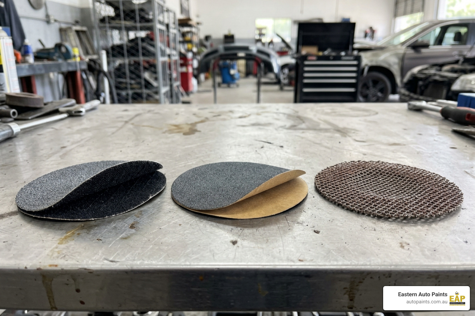 different types of sanding discs including hook and loop, PSA, and mesh