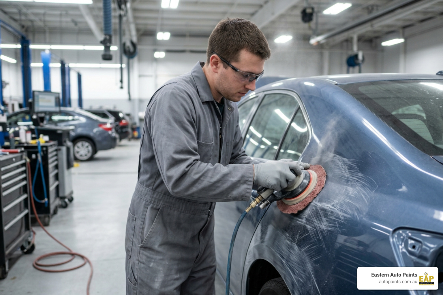 coarse sanding pads auto used on car panel in professional workshop