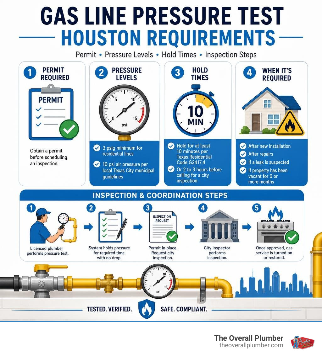 Infographic showing gas line pressure test Houston requirements: permit, pressure levels, hold times, and inspection steps Infographic showing gas line pressure test Houston requirements: permit, pressure levels, hold times, and inspection steps