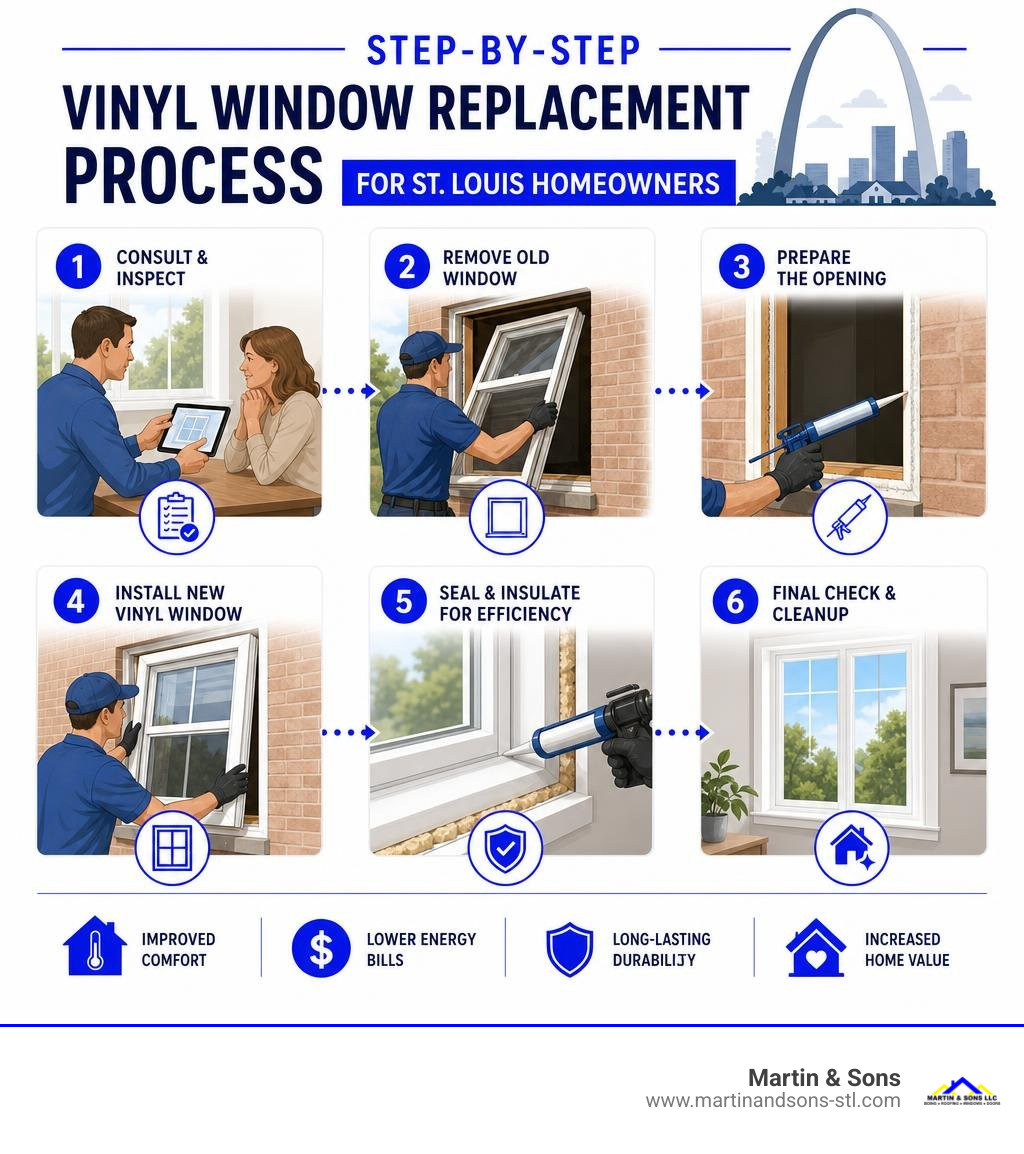Step-by-step vinyl window replacement process infographic for St. Louis homeowners infographic Step-by-step vinyl window replacement process infographic for St. Louis homeowners infographic