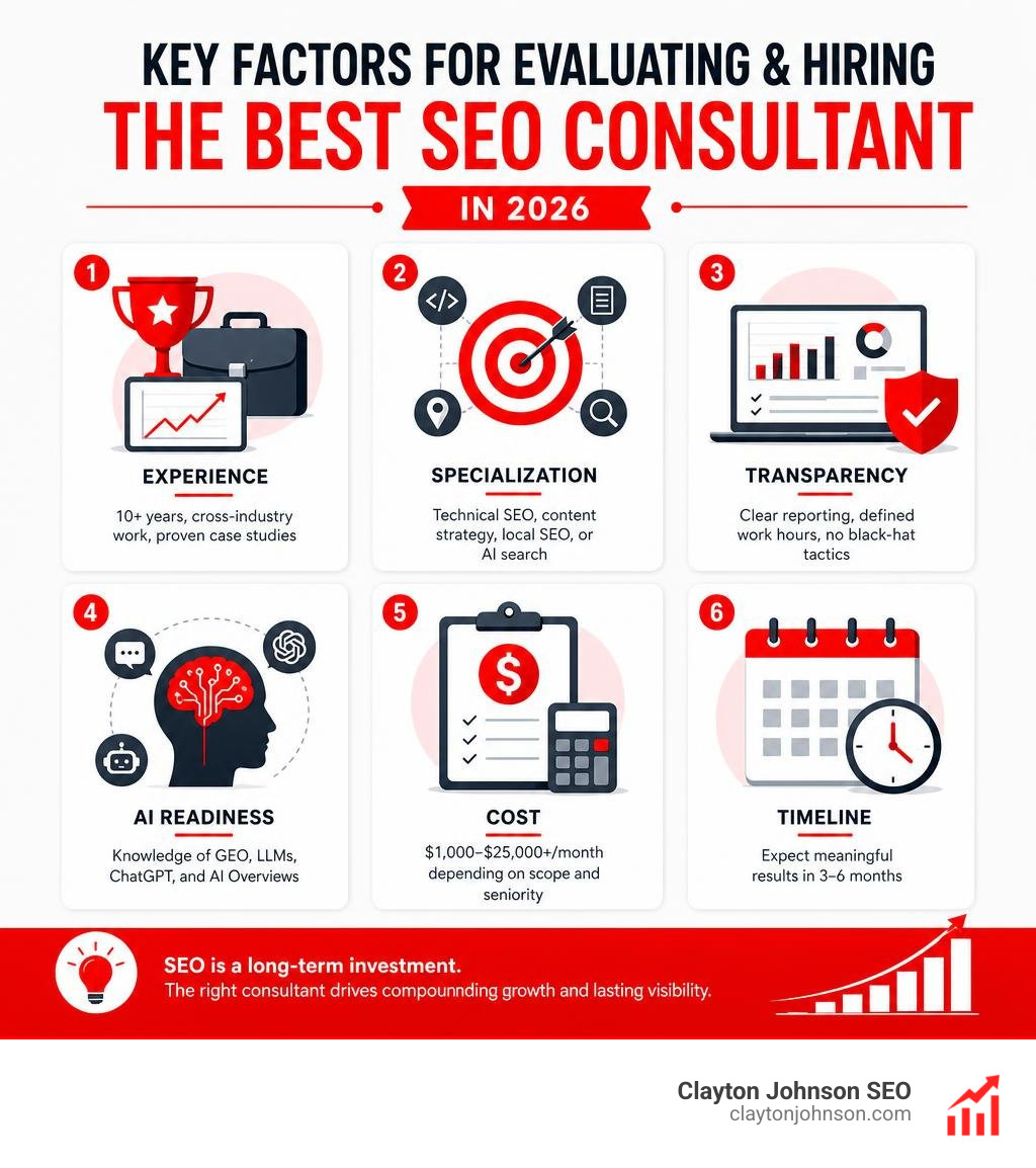 Key factors for evaluating and hiring the best SEO consultant in 2026 infographic