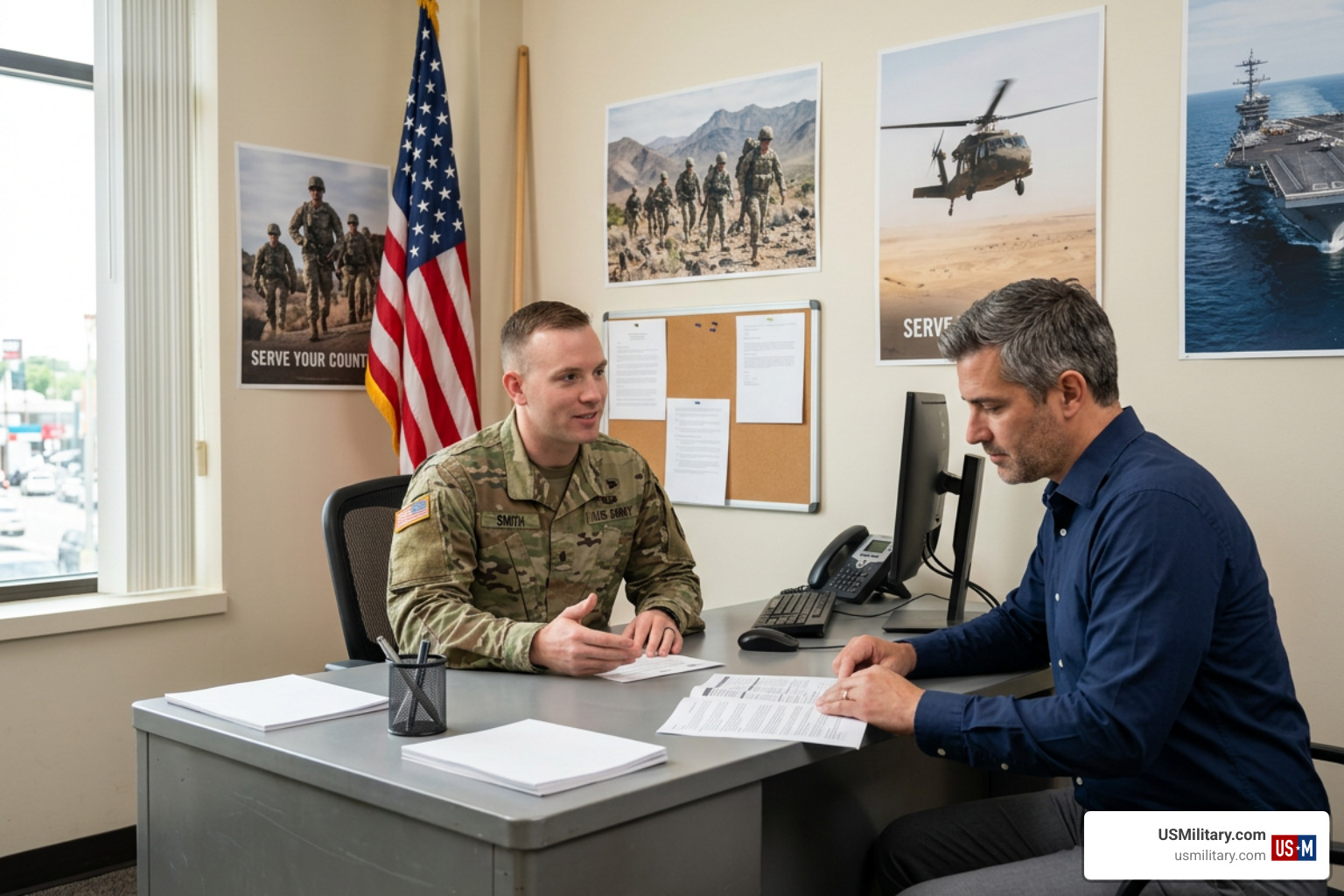 Military recruiter discussing options with an older recruit Military recruiter discussing options with an older recruit