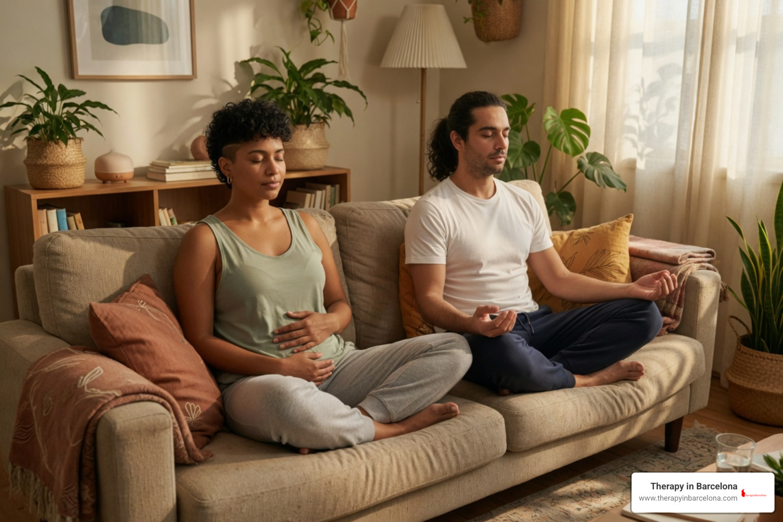 couple practicing mindfulness and breathing exercises in a warm living room setting