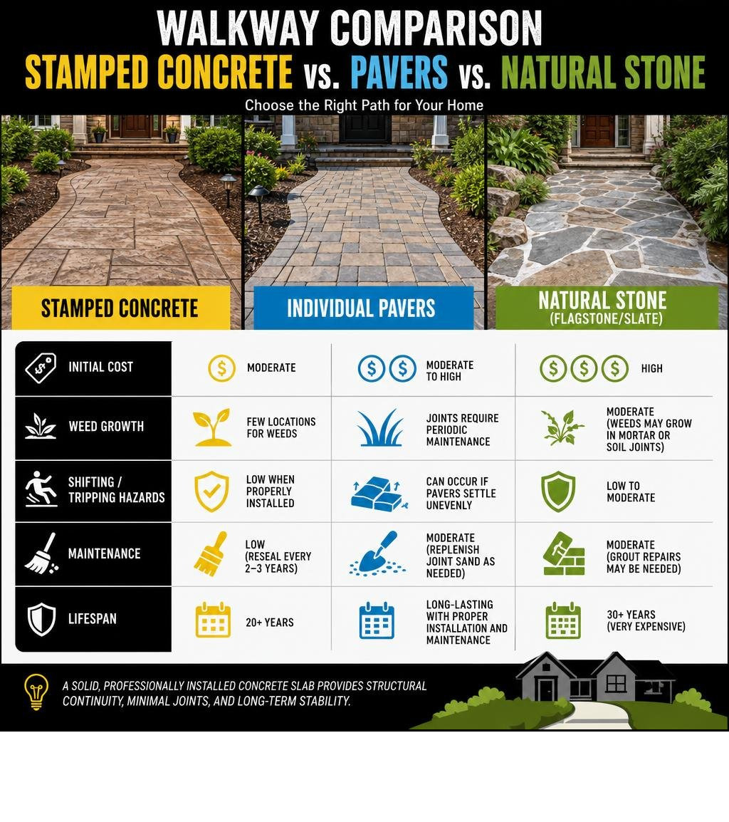Stamped Concrete vs. Pavers vs. Natural Stone residential walkway comparison infographic infographic
