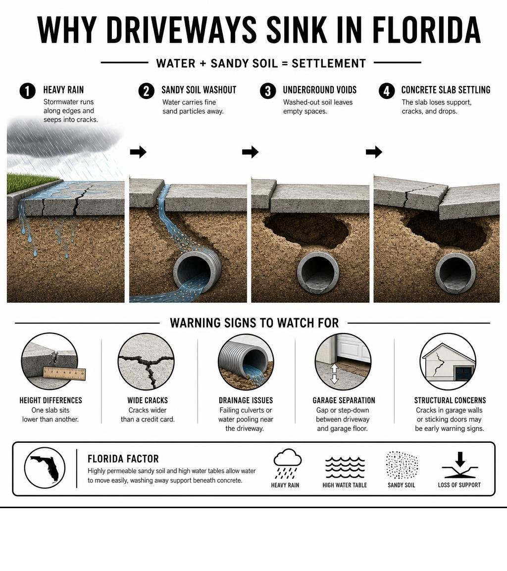 sinking driveway repair infographic showing heavy rain, sandy soil washout, underground voids, and concrete slab settling in Florida