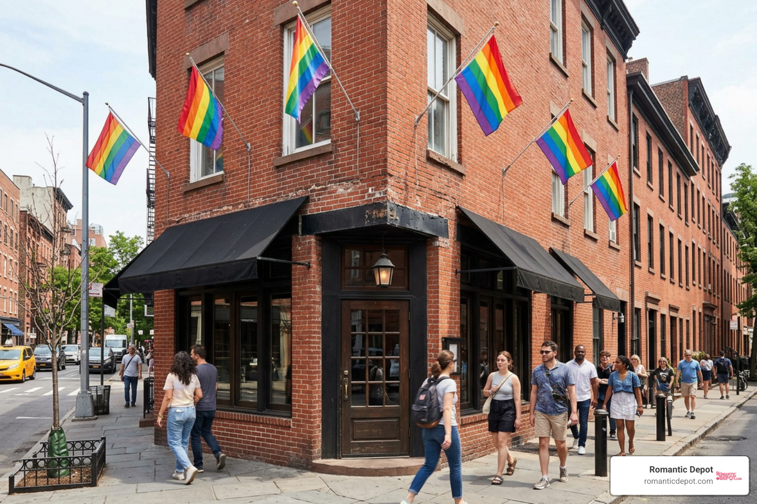 The historic Stonewall Inn in Greenwich Village with rainbow flags The historic Stonewall Inn in Greenwich Village with rainbow flags