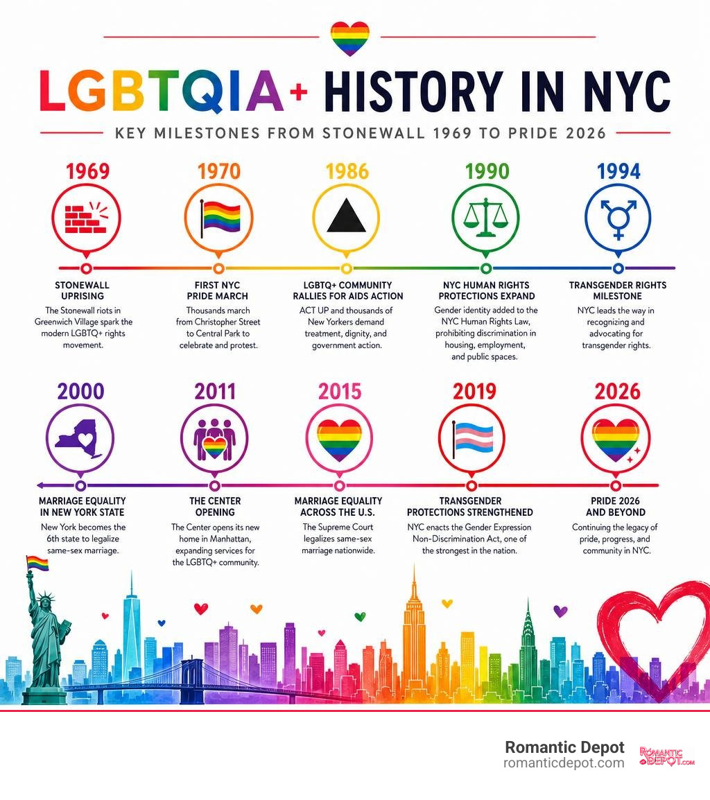 Timeline infographic: Key milestones in LGBTQIA+ history in NYC from Stonewall 1969 to Pride 2026 infographic Timeline infographic: Key milestones in LGBTQIA+ history in NYC from Stonewall 1969 to Pride 2026 infographic