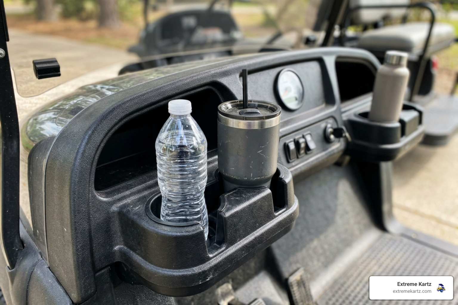 golf cart dashboard cup holders with a tumbler and bottle for secure drink storage