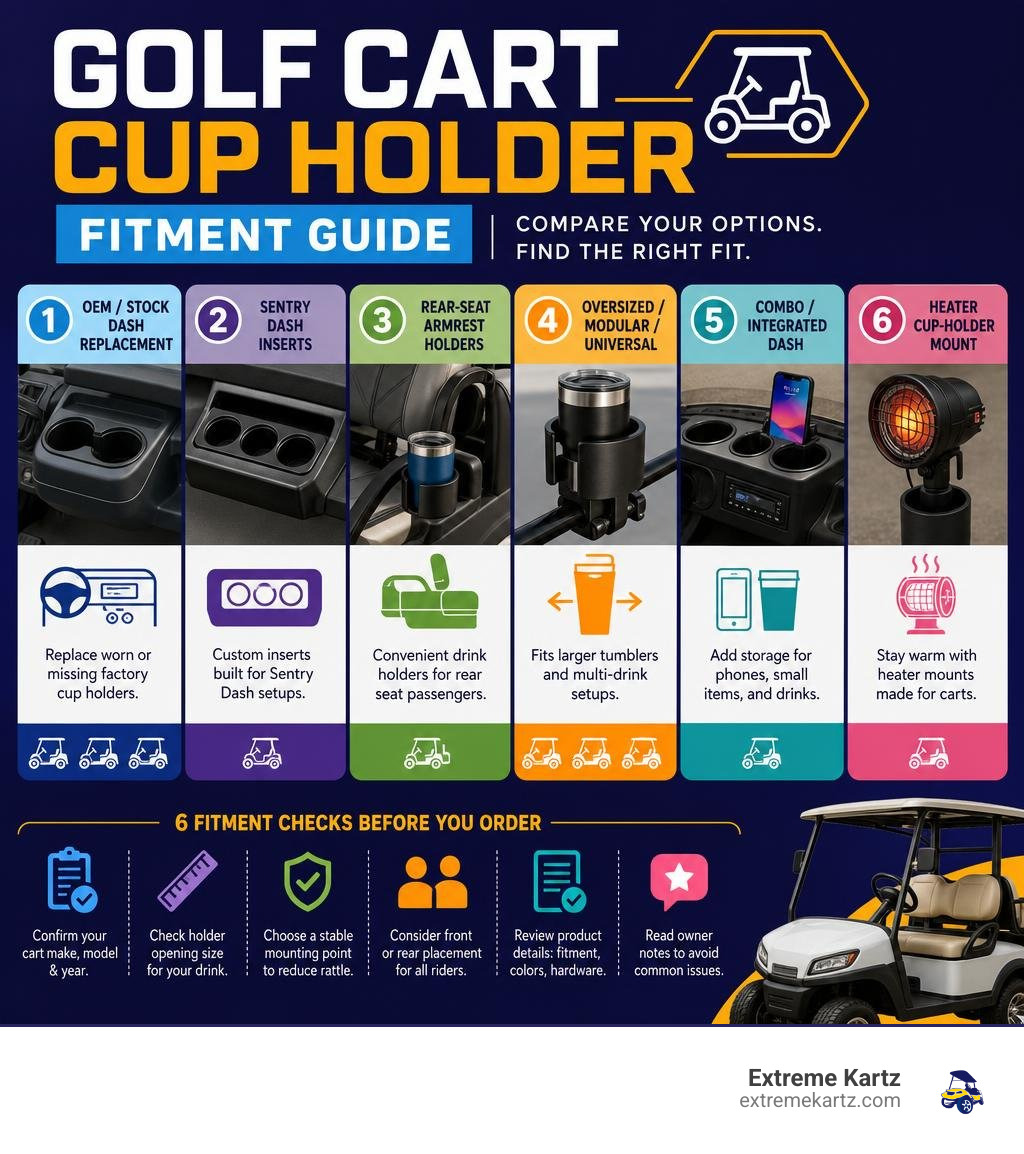 golf cart cup holder fitment guide comparing dash replacements, Sentry dash inserts, rear-seat armrest holders, oversized